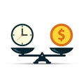 Time is money on scales icon. Money and time balance on scale. Weights with clock and money coin. Vector