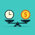 Time is money on scales icon. Money and time balance on scale. Weights with clock and money coin. Vector