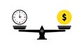 Time is money on scales icon. Concept save time, Money saving. Money and time balance on scale. Weight with watches and cash coins