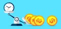 Time is money. Scales icon in flat style. Libra symbol, balance sign. Coins fell. Time management. Dollar and clock icons. Vector