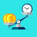Time is money. Scales icon in flat style. Libra symbol, balance sign. Time management. Dollar and clock icons. Vector design eleme