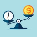 Time is money. Scales icon in flat style. Libra symbol, balance sign. Time management. Dollar and time icons. Vector design elemen