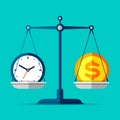 Time is money. Scales icon in flat style. Libra symbol, balance sign. Time management. Dollar and clock icons. Vector design eleme