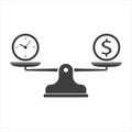 Time and money scales icon. Money and time balance on scale. Weights with clock and money coin. Vector isolated sign.