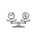 Time is money on scales icon. Money and time balance on scale. Weights with clock and money coin. Vector illustration in hand