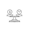 Time is money on scales icon. Money and time balance on scale. Weights with clock and money coin. Vector illustration in hand