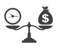 Time and money on scales icon. Time is Money. Dollar, time, scale icons - vector