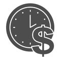 Time is money solid icon. Clock and dollar vector illustration isolated on white. Watch glyph style design, designed for