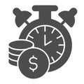 Time is money solid icon. Stopwatch or timer and dollar coins symbol, glyph style pictogram on white background