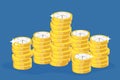 Time is money. Stacks of gold coins with dial on sides. Cost of hour metaphor. Price of working minutes. Cash and clocks