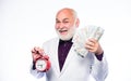 Time is money. time management. business success. retirement. Timekeeping. mature bearded man with alarm clock. mature Royalty Free Stock Photo