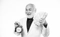 Time is money. time management. business success. retirement. Timekeeping. mature bearded man with alarm clock. mature Royalty Free Stock Photo
