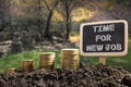 Time For New Job - Financial opportunity concept. Golden coins in soil Chalkboard on blurred natural background. Royalty Free Stock Photo