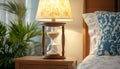 Time passes in a rustic room with an antique hourglass and flowing sand Royalty Free Stock Photo