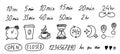 Time period handwritten labels. Break drawn black line vector icons. Royalty Free Stock Photo