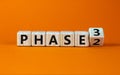 Time for Phase 3. Turned a cube and changed the word `Phase 2` to `Phase 3`. Beautiful orange background. Business concept. Co