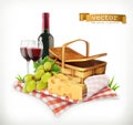 Time for a picnic, a tablecloth and picnic basket, wine glasses, cheese and grapes, vector illustratio