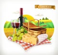 Time for a picnic, tablecloth and picnic basket, wine glasses, cheese and grapes, vector illustratio Royalty Free Stock Photo