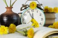 Time for reading in summer days: yellow dandelion flowers on an open book against the background of an old alarm clock Royalty Free Stock Photo