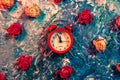 Time red alarm clock faded rose buds paint art Royalty Free Stock Photo