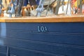 Danish three-masted schooner Loa. Name of ship on wooden starboard closeup Royalty Free Stock Photo