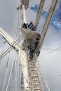 British training ship Royalist. Crew members works with rigging Royalty Free Stock Photo