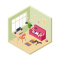 Time relax. Girl relaxing couch reading book. Isometric living room interior. Hygge time with pets