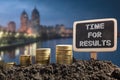 Time for results - Financial opportunity concept. Golden coins in soil Chalkboard on blurred natural background. Royalty Free Stock Photo