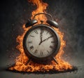 Time is running out concept shows clock that is burning up with flames and smoke Royalty Free Stock Photo