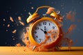 time running out, orange retro alarm clock disintegrating into particles of dust fading away, red Royalty Free Stock Photo