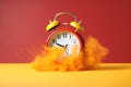 time running out, retro alarm clock slowly disintegrating into particles of dust fading away, red Royalty Free Stock Photo