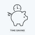 Time saving line icon. Vector illustration of piggy and clock. Black outline pictogram for personal management Royalty Free Stock Photo