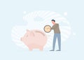 Time saving vector illustration concept with man putting clock face into piggy bank. Timesaving services with work Royalty Free Stock Photo