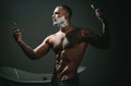 Time for self care. Hair stylist and barber. Man muscular torso cover face with soap foam. Attractive macho shaving face Royalty Free Stock Photo