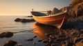 Romantic And Nostalgic Boat On Rocks Near The Ocean