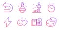 Time, Smile and Brand ambassador icons set. Energy, Undo and Instruction info signs. Stats, Pie chart symbols. Vector