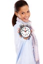 Time, smile and portrait of woman with clock, punctual for schedule isolated on white background. Timeline, countdown