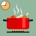 Time of soup preparation. Red cooking pot on stove with water and steam. Time of soup preparation Royalty Free Stock Photo