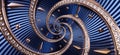 Time spiral clock concept. Round blue diamond golden clock with hands twisted to surreal spiral. Abstract watch background with tw