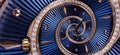 Time spiral concept. Round blue diamond golden clock with hands twisted to surreal spiral. Abstract watch background with twisted