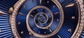 Time spiral concept. Round blue diamond golden clock with hands twisted to surreal spiral. Abstract watch background with twisted