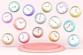 colorful pastel clock time stop watch alarm stand display podium product past present future minute hour season.