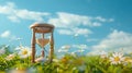 time symbolized by an hourglass against a serene natural backdrop.
