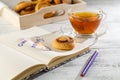 Time of Tea Break on the table top view. beautiful tablecloth wi Royalty Free Stock Photo