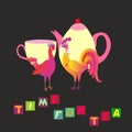 Time for tea. Fairy tea party. Rooster with teapot and hen with teacup Royalty Free Stock Photo