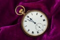 Technology / time: Two minutes to midnight. Close up of a pocket watch on magenta velvet. 1