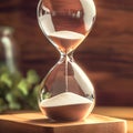 Time ticking Modern hourglass in running time on a wooden table Royalty Free Stock Photo