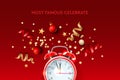 Time to celebrate Christmas and New Year. Flat lay design with alarm clock, stars, streamers