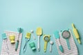 Time to cook. Pastel yellow, blue cooking utensils on turquoise background. Food ingredients. Cooking cakes and baking Royalty Free Stock Photo