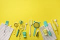 Time to cook. Turquoise cooking utensils on yellow background. Food ingredients. Cooking cakes and baking bread concept Royalty Free Stock Photo